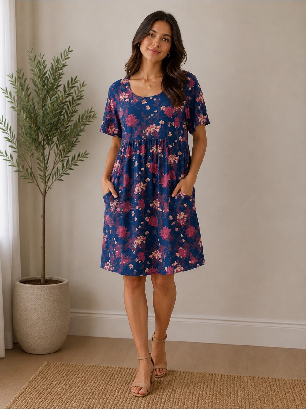 Floral Scoop-Neck Short Sleeve Dress - Navy/Pink